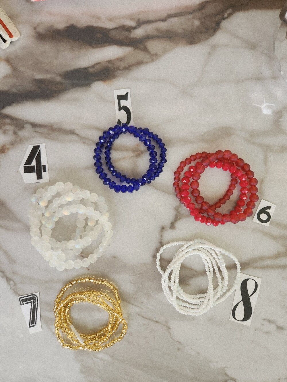 Handmade Mix And Match Stretch Bracelets- Blue, Red, White, Gold, Opalescent
